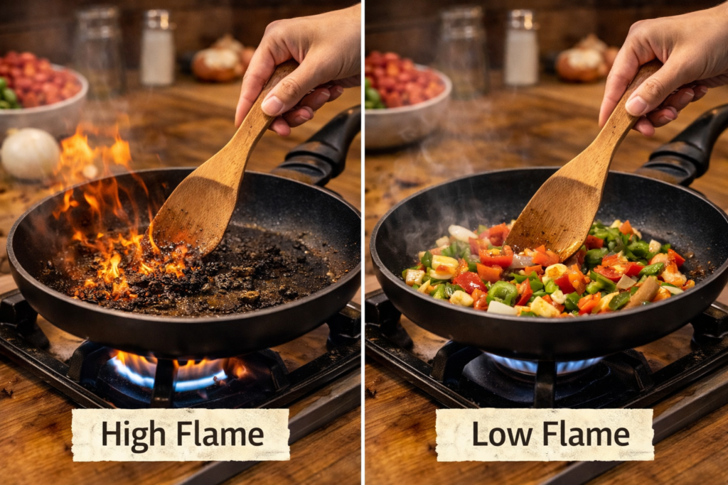 Cooking on high flame vs low flame on a gas stove while preparing food at home