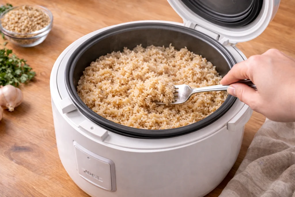 Fluffing the cooked brown Rice 