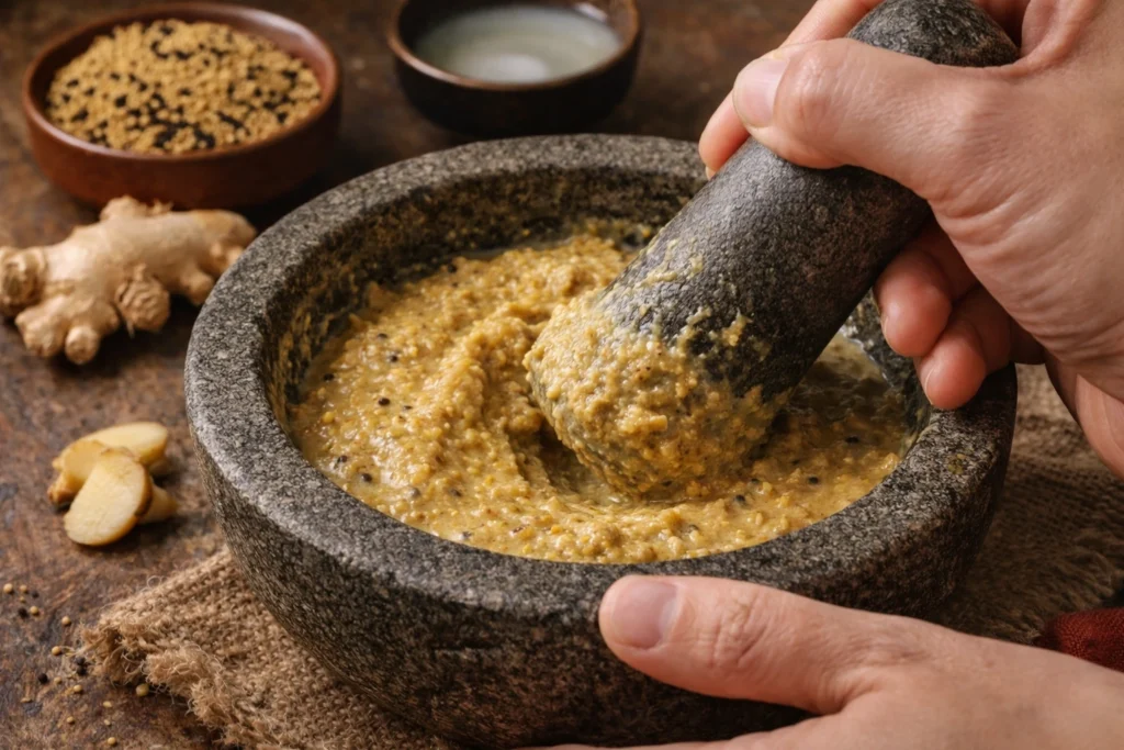 Making the Mustard Paste for shukto recipe