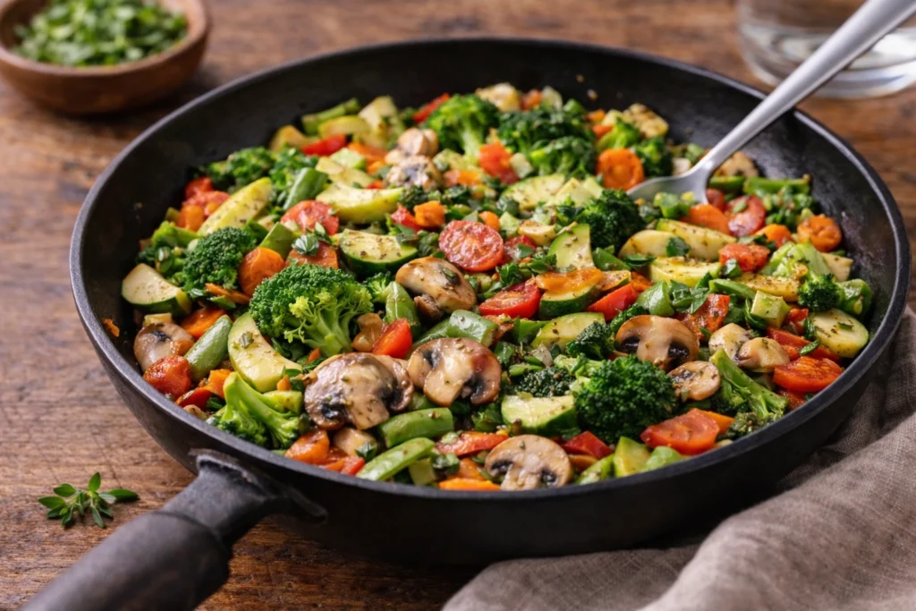 Mixed vegetable stir-fry cooked with minimal oil in a home kitchen