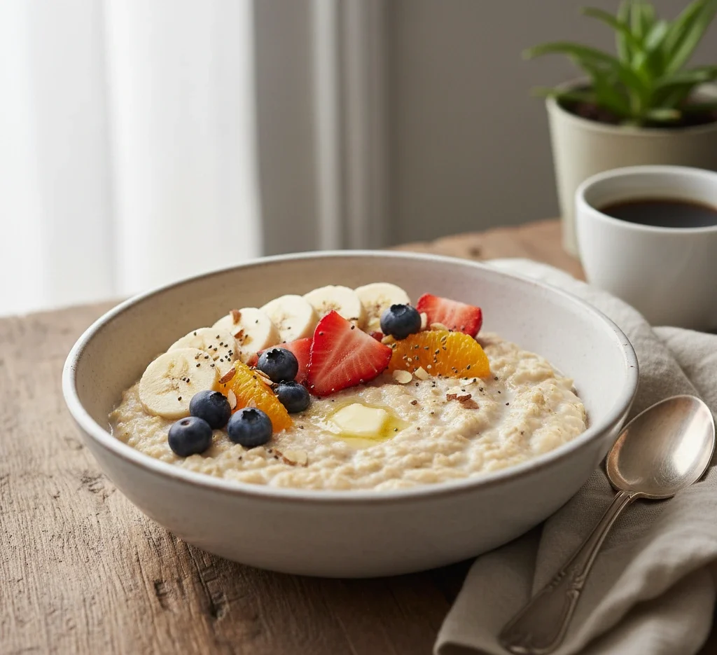 Plain oats cooked in water topped with fresh fruits for a simple breakfast