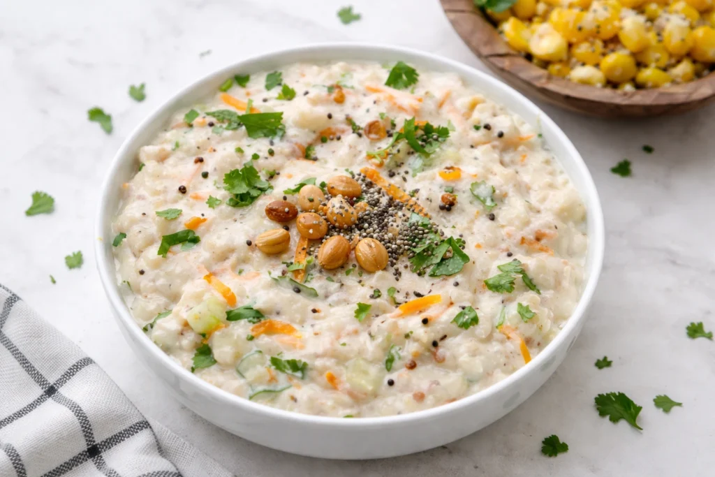 Healthy rolled oats breakfast with curd, nuts and fresh herbs