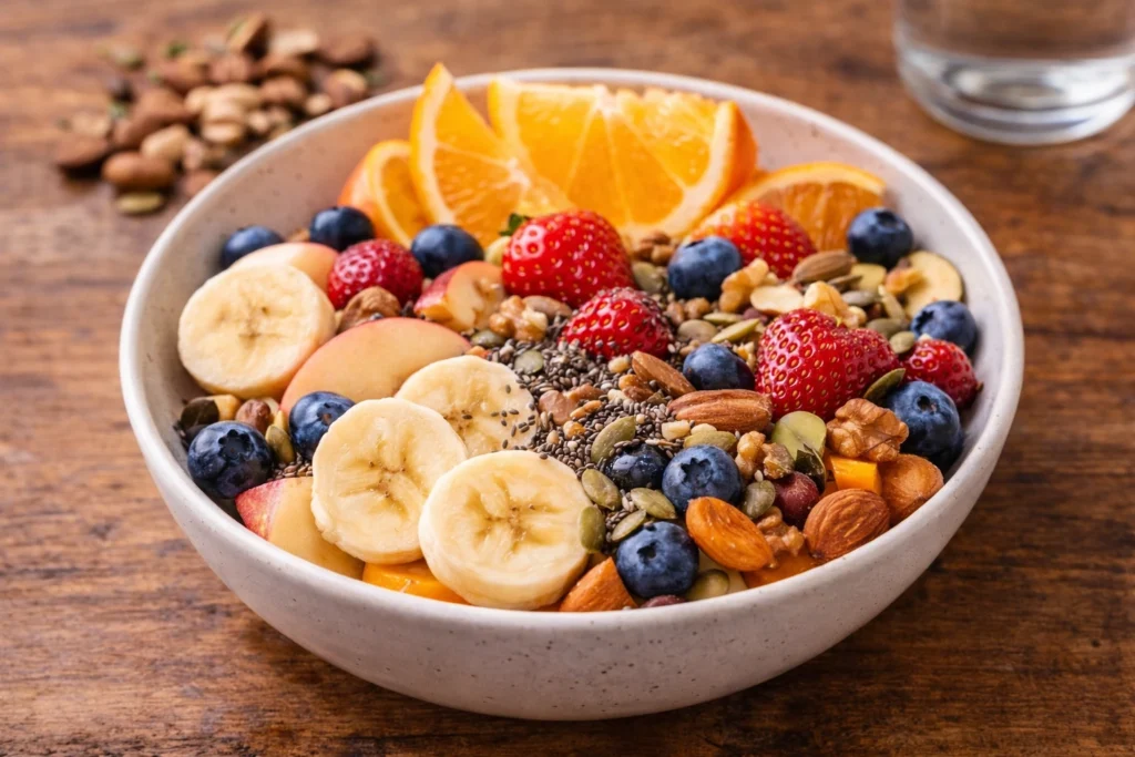 Simple fruit bowl with seasonal fruits, nuts and seeds prepared at home