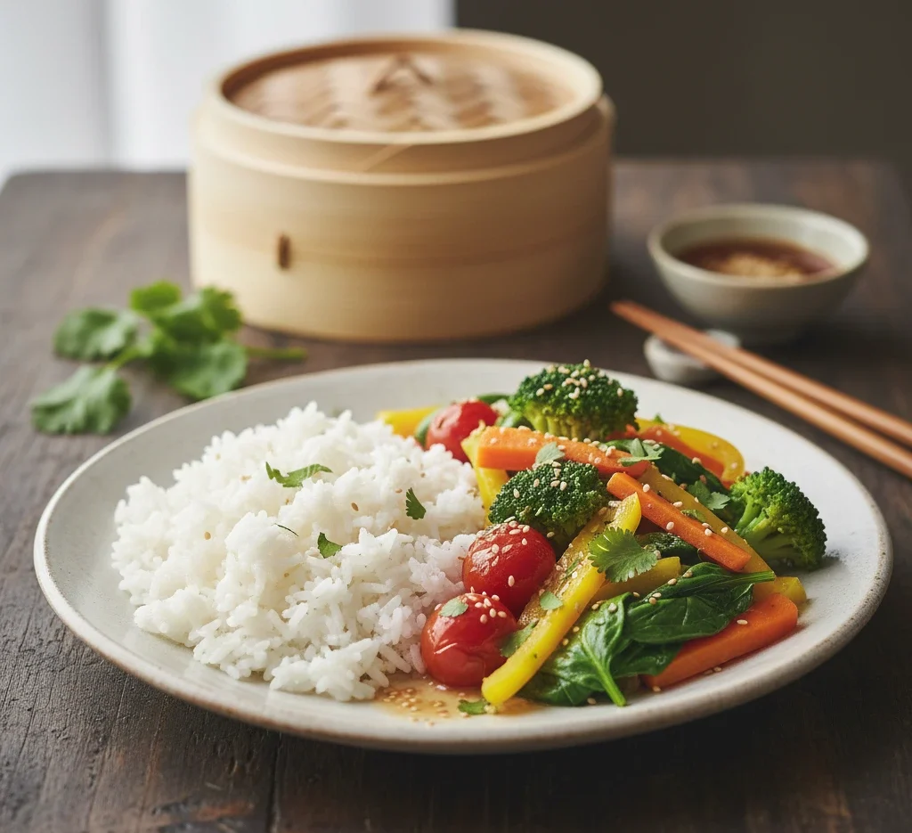 Steamed vegetables served with plain rice as a simple home-cooked meal