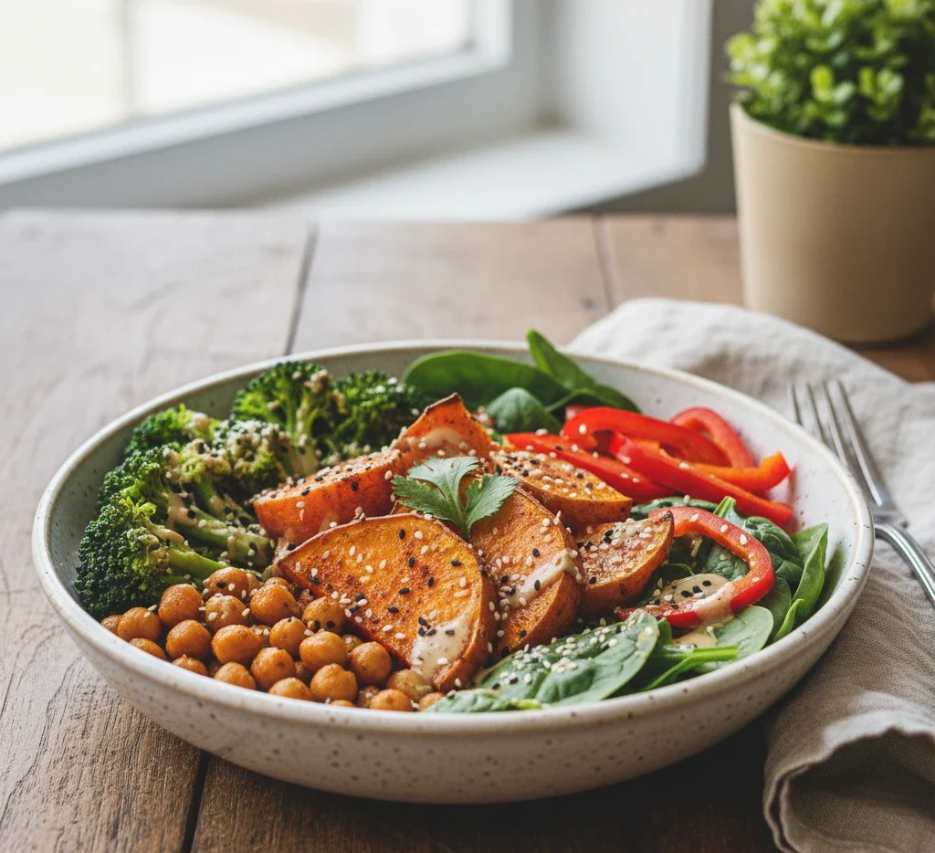 Sweet potato and vegetable bowl prepared as a simple plant-based meal