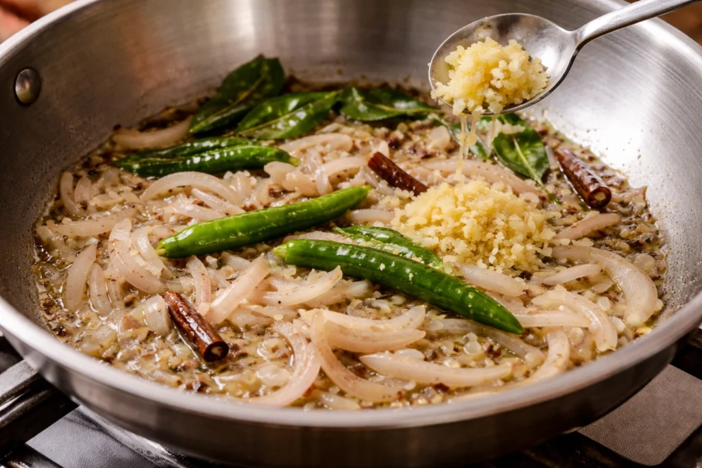 add chopped onions, green chillies and ginger