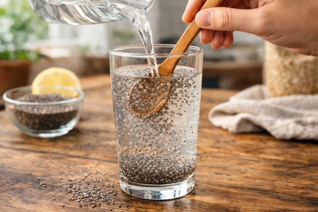 add one tablespoon of chia seeds to a clean glass