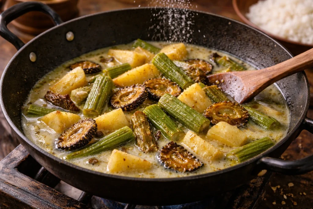 adding all the fried vegetables to the pan