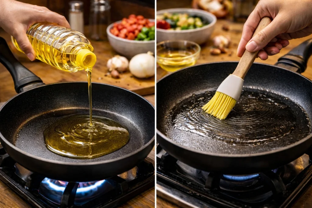 brushing oil on a pan while cooking simple Indian food