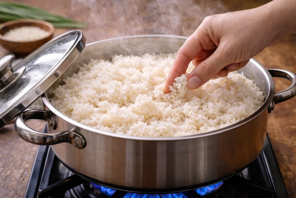 checking rice by pressing between two fingers