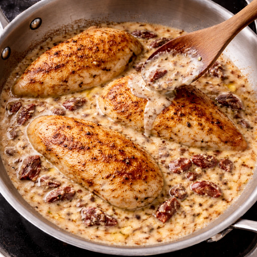 Seared chicken added back to the pan and coated with cream sauce