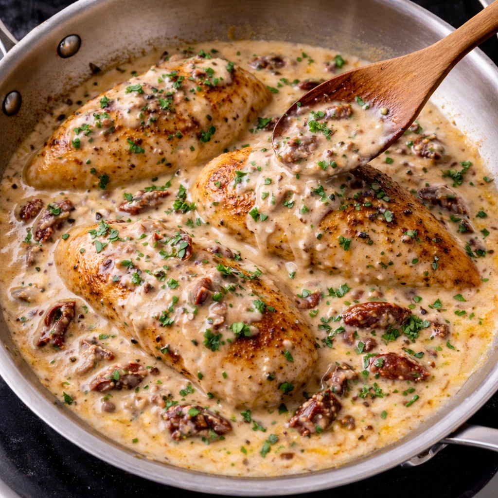Chicken resting in cream sauce on low heat, finished with fresh herbs
