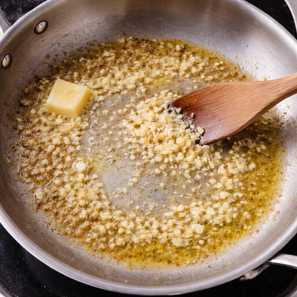 Chopped garlic sautéing in butter in the same pan after searing chicken