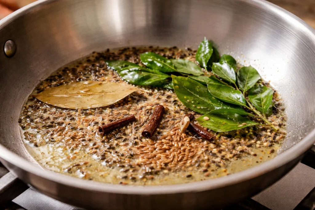 heat oil and add mustard seeds and curry leaves