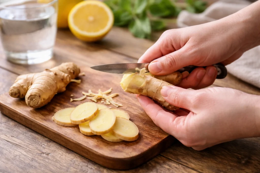 peeling the ginger lightly for Ginger tea