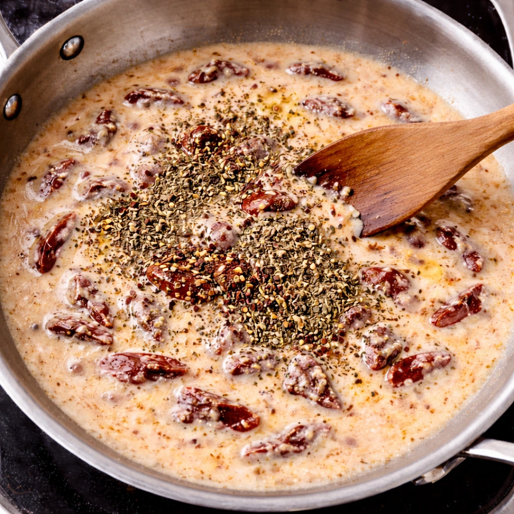 Seasoning the sauce with salt, pepper, herbs, and chilli flakes in a pan