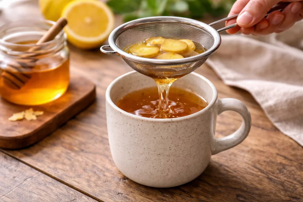 strain the ginger tea into a cup