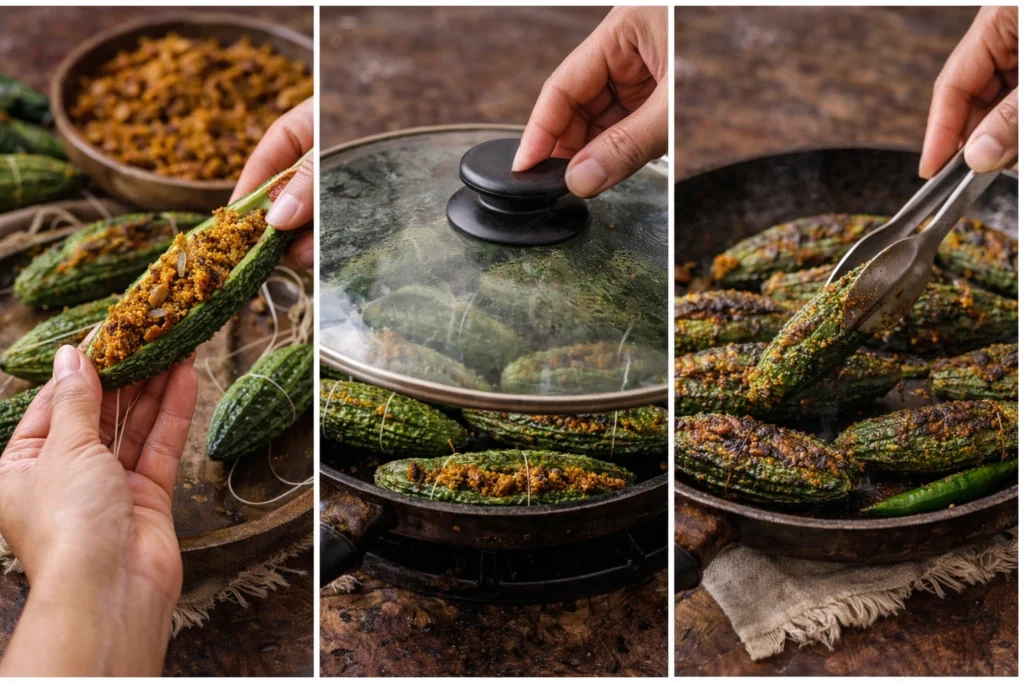 stuffing the karela and cooking