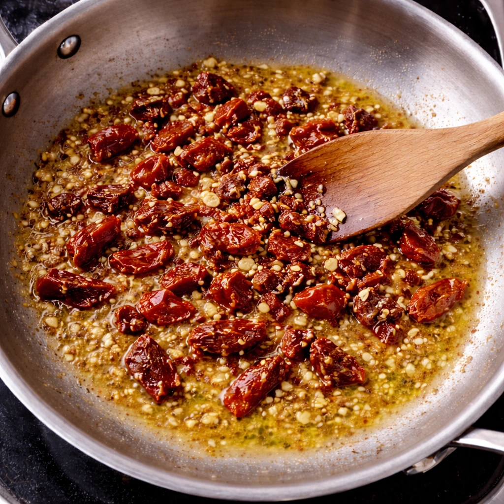Sun-dried tomatoes being mixed with garlic in a pan on low heat