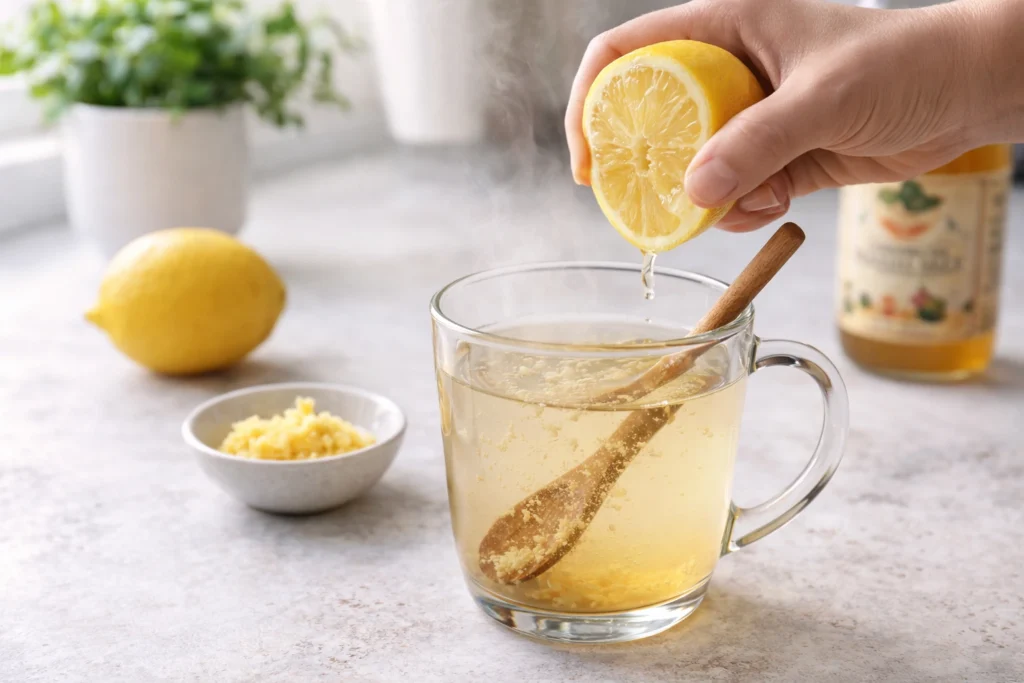 Hands squeezing fresh lemon into a glass of warm water with grated ginger and a wooden spoon on a kitchen counter